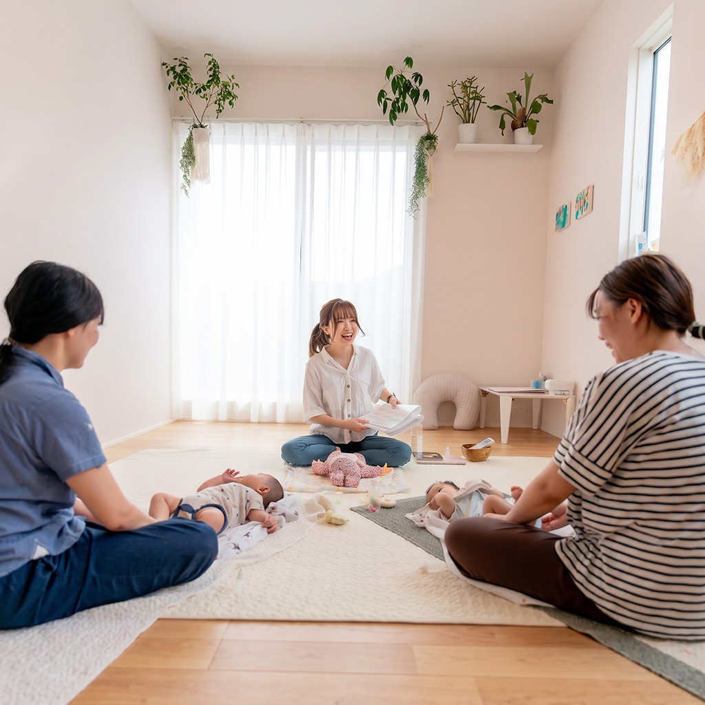 笑顔で向き合う２組の親子と講師